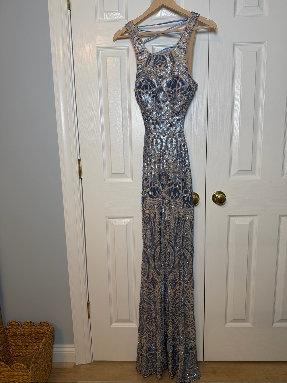 Betsy & Adam Silver and Navy Beaded Prom Gown